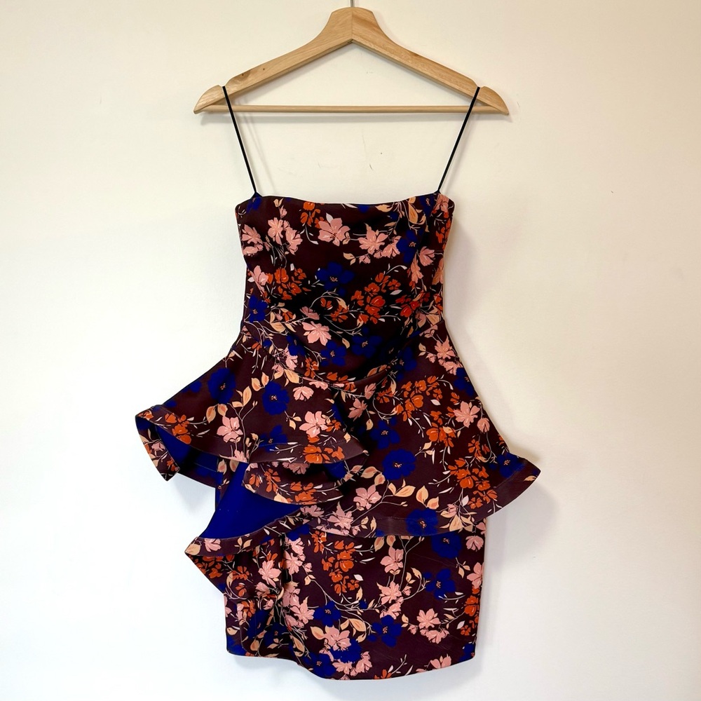 NWT Badgley Mischka Floral Ruffle Peplum Mini Strapless Short Dress Eggplant 4